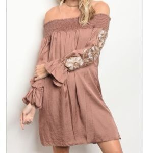 VAVA Joy Han Satin Mocha Off Shoulder Floral Gold Embellishment Dress Sz Small